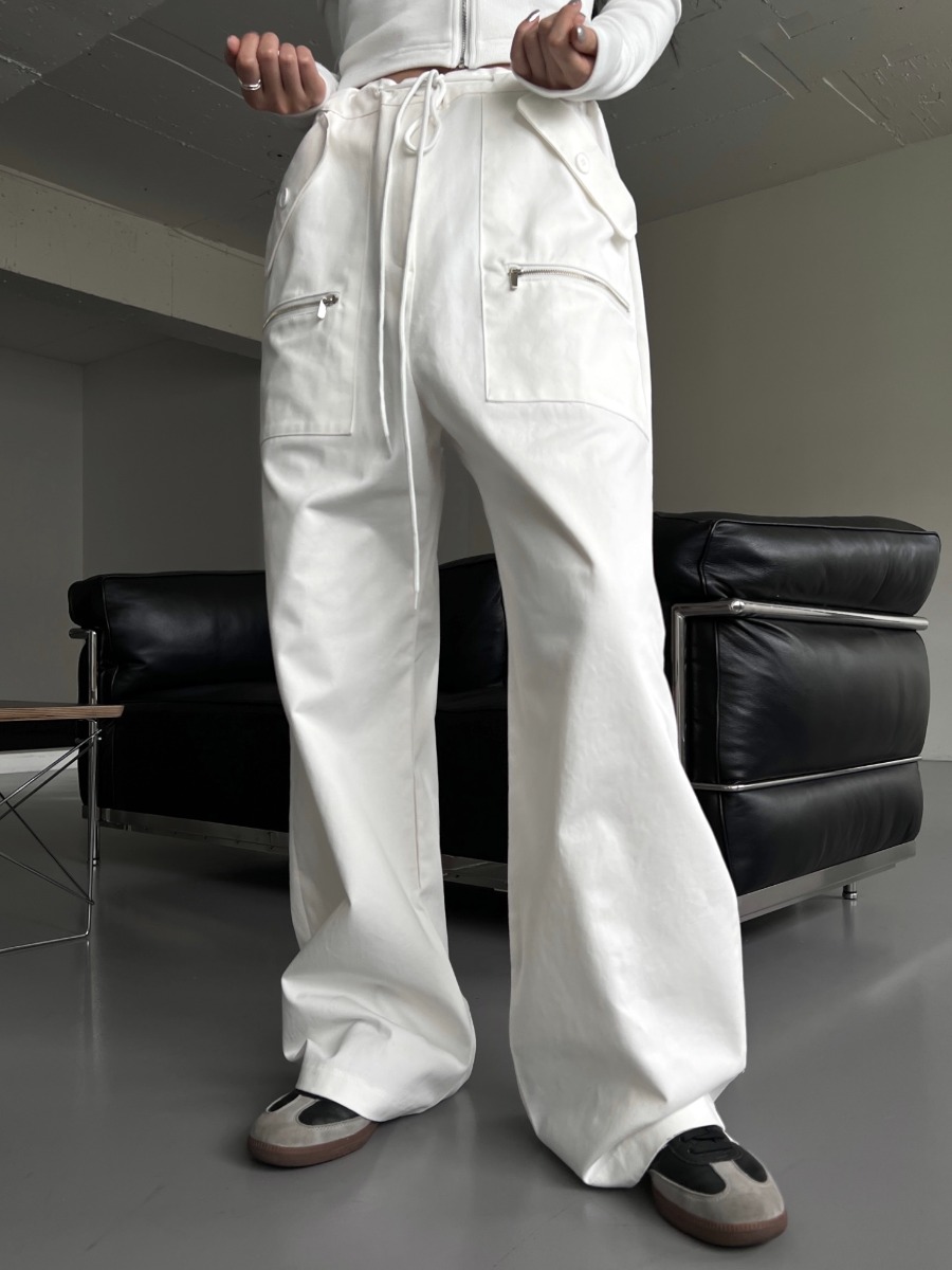 Pocket Zipper String Wide Pants (white)